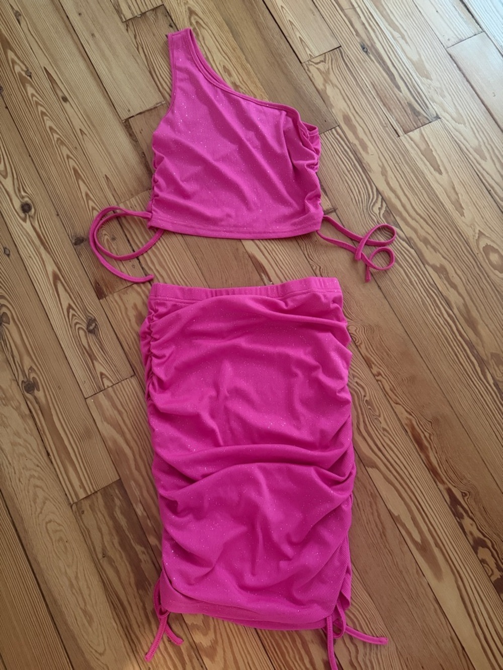 SHEIN Bright Pink Ribbed Top & Skirt with Ruching